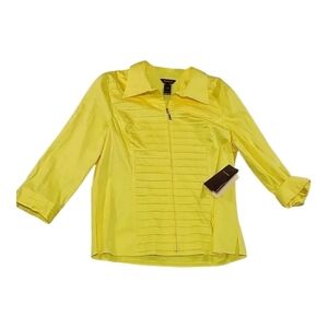 NWT Yellow Pleated Ruffle Blouse Size L | Zip-Up Short Sleeve Feminine Top